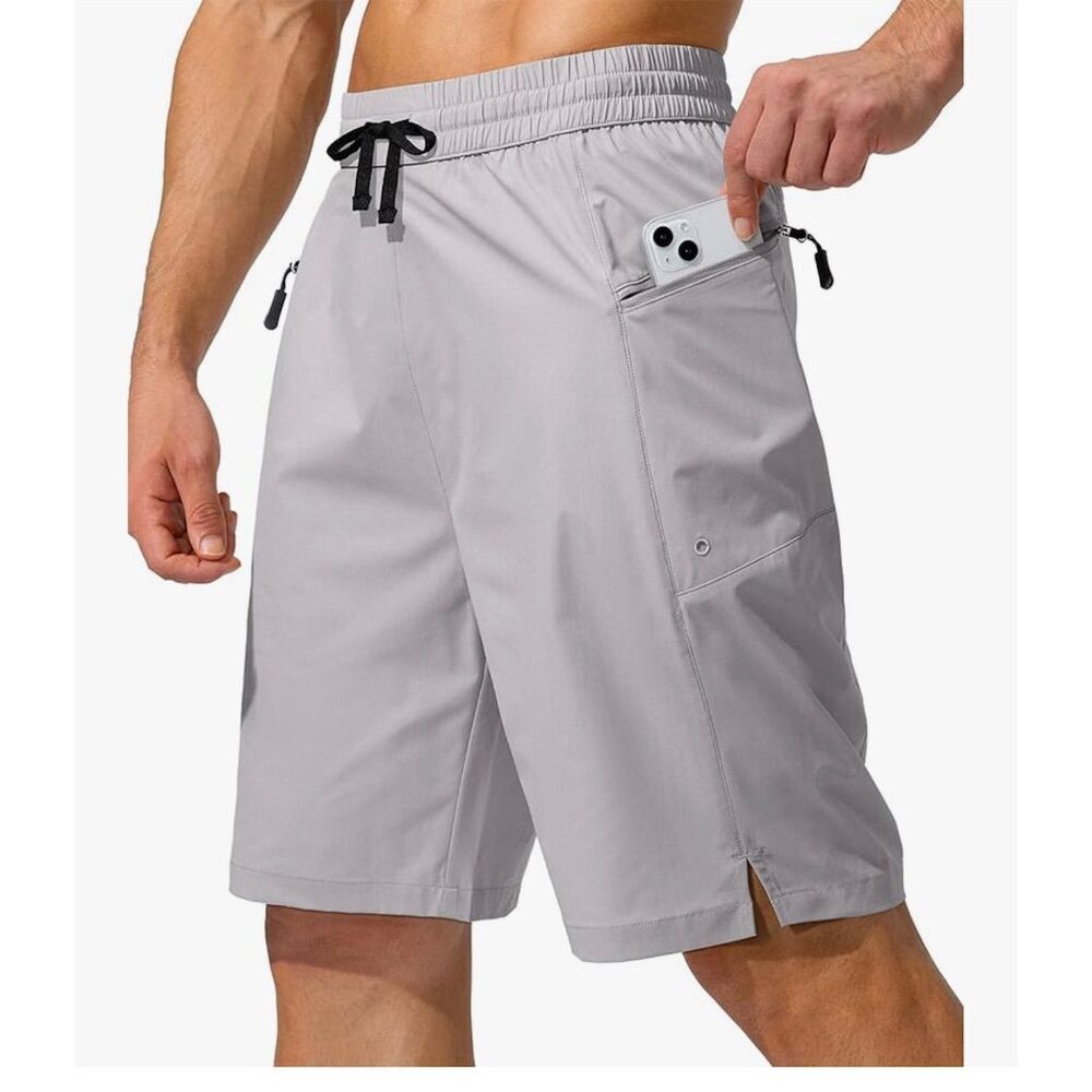 Men's Quick-Dry Athletic Shorts Gray 2XL with Zipper Pockets & Drawstring